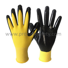 13G Yellow Seamless Liner Black Nitrile Palm Coated Work Gloves